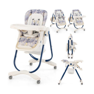 Multifunctional Folding Baby High Chair with Rolling Wheels and Adjustable Height-Navy - Color: Navy