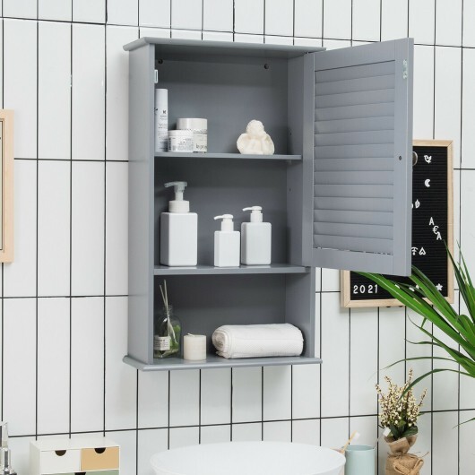 Bathroom Wall Mount Storage Cabinet Single Door with Height Adjustable Shelf-Gray - Color: Gray - Image 2