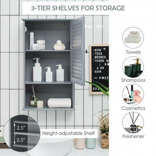 Bathroom Wall Mount Storage Cabinet Single Door with Height Adjustable Shelf-Gray - Color: Gray - Image 3