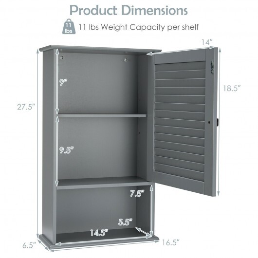 Bathroom Wall Mount Storage Cabinet Single Door with Height Adjustable Shelf-Gray - Color: Gray - Image 4