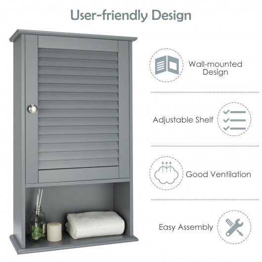 Bathroom Wall Mount Storage Cabinet Single Door with Height Adjustable Shelf-Gray - Color: Gray - Image 5