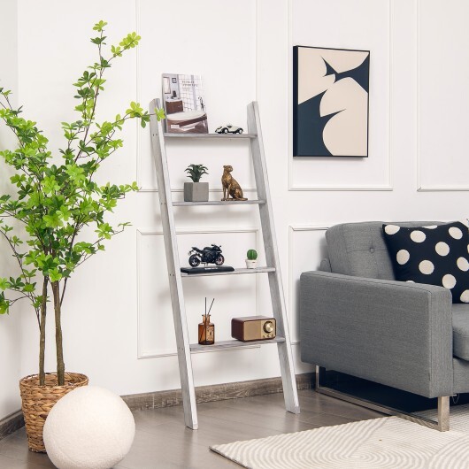 4-Tier Wall Leaning Ladder Shelf Stand-Gray - Color: Gray - Image 2