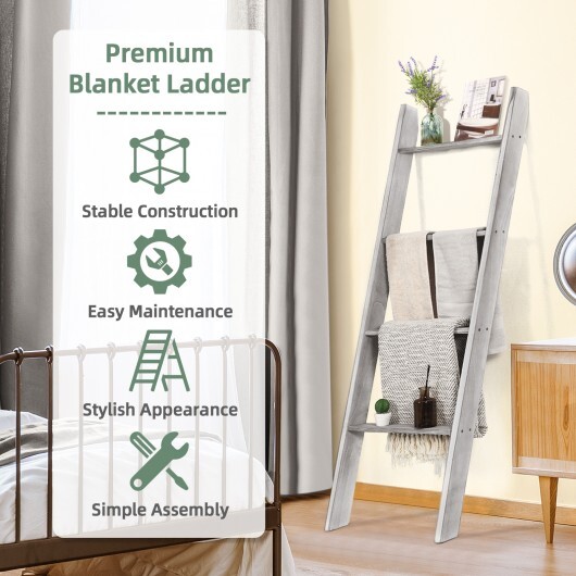 4-Tier Wall Leaning Ladder Shelf Stand-Gray - Color: Gray - Image 3