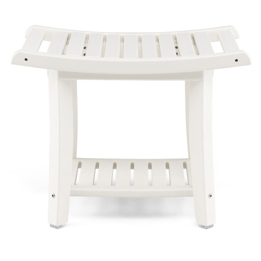 Heavy Duty Waterproof Bath Stool with Curved Seat and Storage Shelf-White - Color: Off White