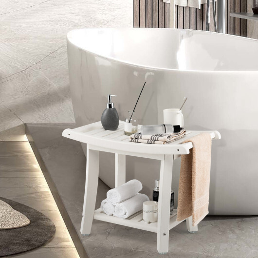 Heavy Duty Waterproof Bath Stool with Curved Seat and Storage Shelf-White - Color: Off White - Image 2