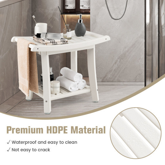 Heavy Duty Waterproof Bath Stool with Curved Seat and Storage Shelf-White - Color: Off White - Image 3