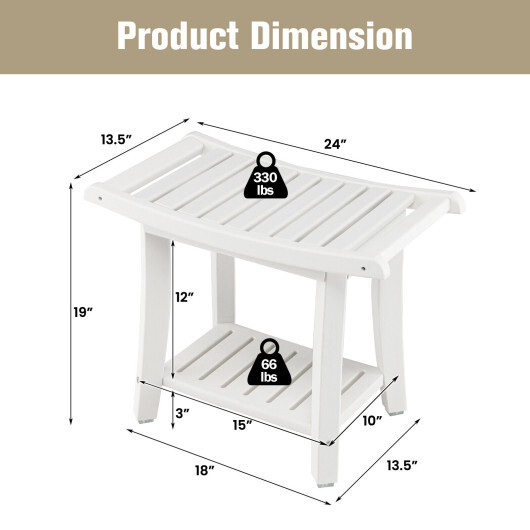 Heavy Duty Waterproof Bath Stool with Curved Seat and Storage Shelf-White - Color: Off White - Image 4