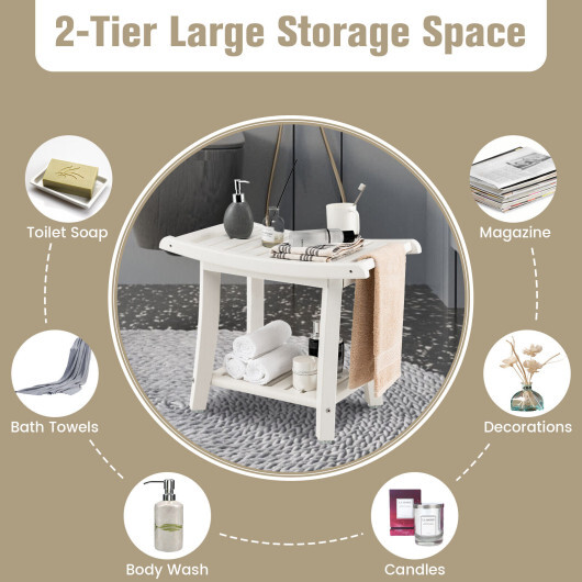 Heavy Duty Waterproof Bath Stool with Curved Seat and Storage Shelf-White - Color: Off White - Image 5