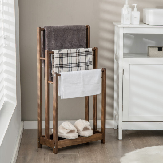 Freestanding Towel Rack 3-Bar Hand Towel Drying Stand with Bottom Storage Shelf-Rustic Brown - Color: Rustic Brown - Image 2