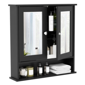 Double Door Wall-Mounted Bathroom Mirror Cabinet with Storage Shelf-Black - Color: Black