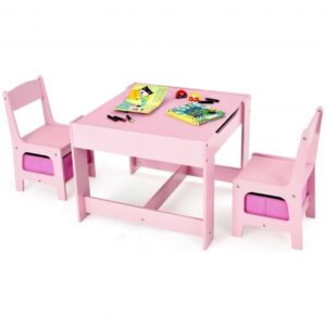 Kids Table Chairs Set With Storage Boxes Blackboard Whiteboard Drawing-Pink - Color: Pink
