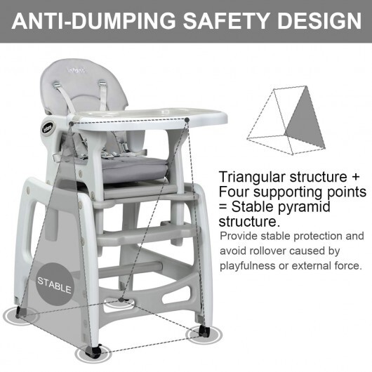 3-in-1 Baby High Chair with Lockable Universal Wheels-Gray - Color: Gray - Image 2