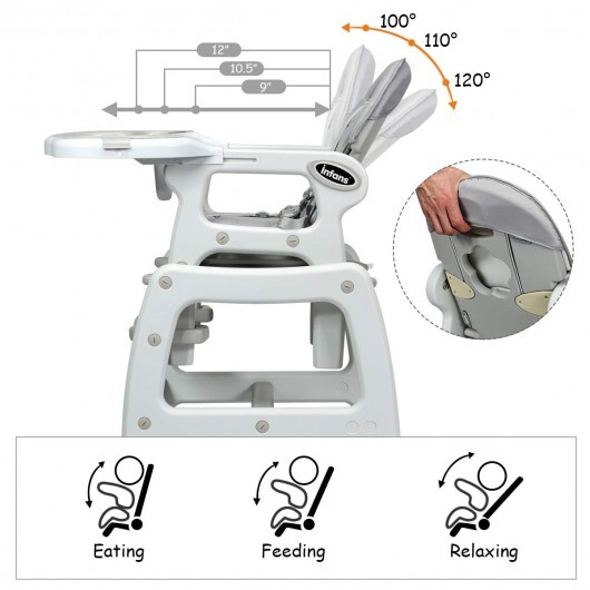 3-in-1 Baby High Chair with Lockable Universal Wheels-Gray - Color: Gray - Image 3
