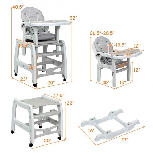 3-in-1 Baby High Chair with Lockable Universal Wheels-Gray - Color: Gray - Image 4