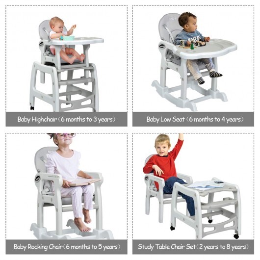 3-in-1 Baby High Chair with Lockable Universal Wheels-Gray - Color: Gray - Image 5
