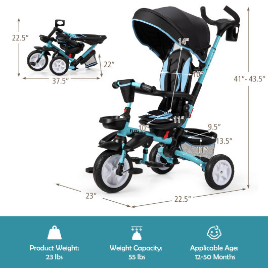 7-in-1 Detachable Baby Stroller with Canopy and Safety Harness-Blue - Color: Blue - Image 4