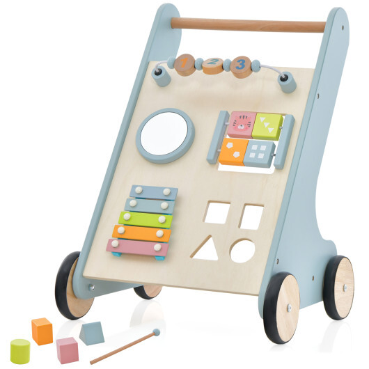 Wooden Baby Walker Toddler Push Walker with Xylophone and Flip Blocks-Blue - Color: Blue