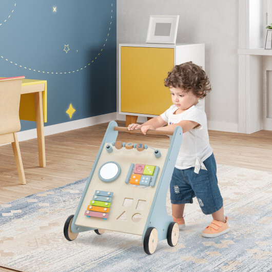 Wooden Baby Walker Toddler Push Walker with Xylophone and Flip Blocks-Blue - Color: Blue - Image 2