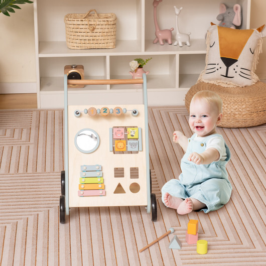 Wooden Baby Walker Toddler Push Walker with Xylophone and Flip Blocks-Blue - Color: Blue - Image 3