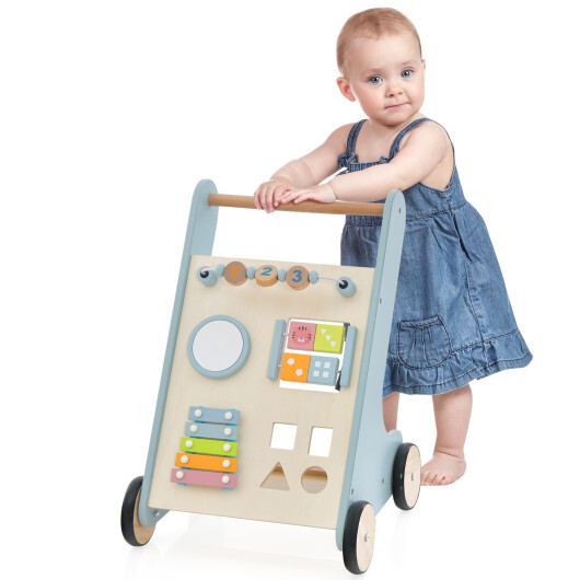 Wooden Baby Walker Toddler Push Walker with Xylophone and Flip Blocks-Blue - Color: Blue - Image 4