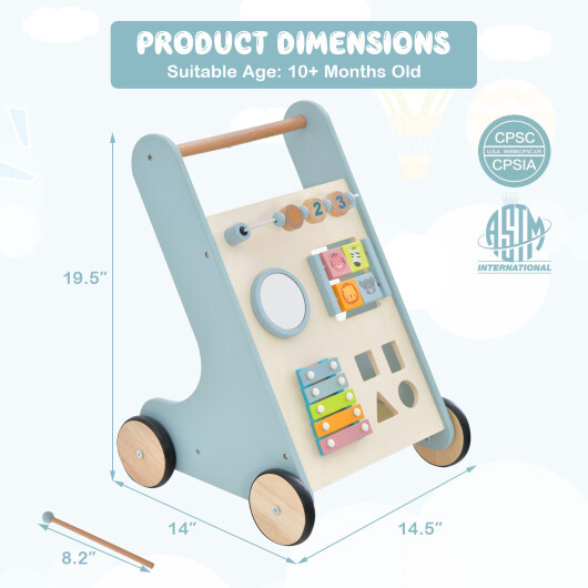 Wooden Baby Walker Toddler Push Walker with Xylophone and Flip Blocks-Blue - Color: Blue - Image 5