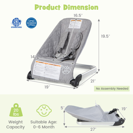 Baby Bouncer Seat with Aluminum and Metal Frame-Light Gray - Color: Light Gray - Image 5