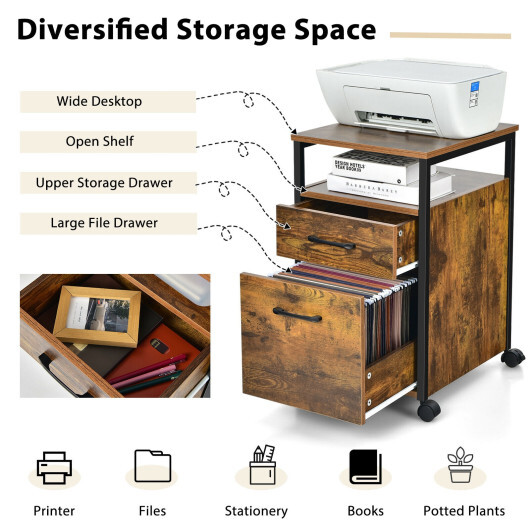 2 Drawer Mobile File Cabinet Printer Stand with Open Shelf for Letter Size-Rustic Brown - Color: Rustic Brown - Image 3