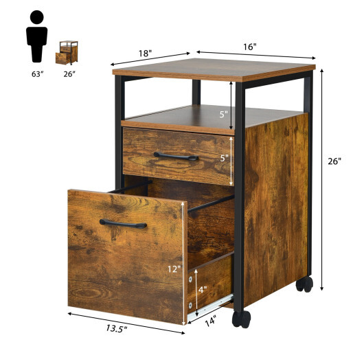 2 Drawer Mobile File Cabinet Printer Stand with Open Shelf for Letter Size-Rustic Brown - Color: Rustic Brown - Image 4