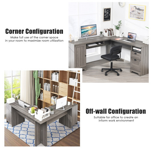 66 Inch L-Shaped Writing Study Workstation Computer Desk with Drawers-Gray - Color: Gray - Image 3
