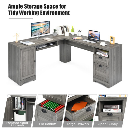 66 Inch L-Shaped Writing Study Workstation Computer Desk with Drawers-Gray - Color: Gray - Image 5