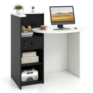 Reception Office Desk with Open Shelf and Lockable Drawer-Black - Color: Black