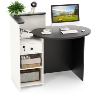 Front Reception Office Desk with Open Shelf and Lockable Drawer-Black & White - Color: Black & White