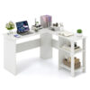 Large Modern L-shaped Computer Desk with 2 Cable Holes and 2 Storage Shelves-White - Color: White