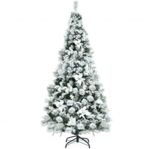 6 Feet Snow Flocked Hinged Christmas Tree with Berries and Poinsettia Flowers - Color: White - Size: 6 ft