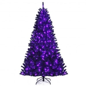 Black Artificial Christmas Halloween Tree with Purple LED Lights-7' - Color: Black - Size: 7 ft