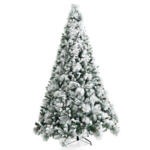 8 Feet Snow Flocked Christmas Tree Glitter Tips with Pine Cone and Red Berries - Color: Green - Size: 8 ft