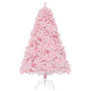 6 FT Flocked Artificial Xmas Tree Hinged with 350 LED Lights - Color: Pink