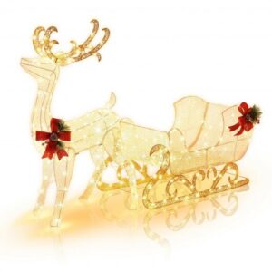 6 Feet Christmas Lighted Reindeer and Santa's Sleigh Decoration with 4 Stakes - Color: Golden