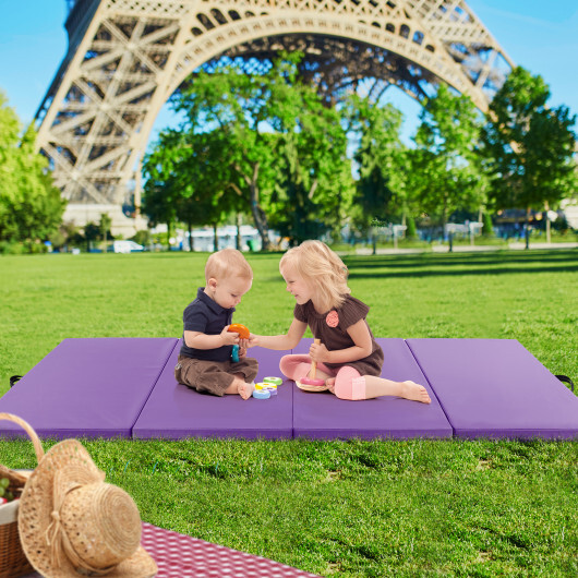 4-Panel PU Leather Folding Exercise Mat with Carrying Handles-Purple - Color: Purple - Image 3