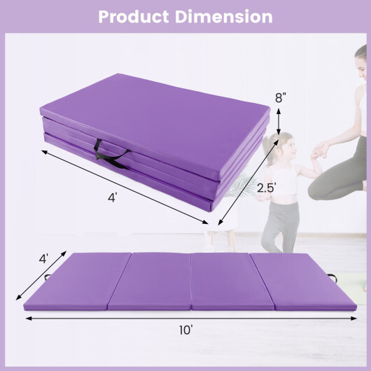 4-Panel PU Leather Folding Exercise Mat with Carrying Handles-Purple - Color: Purple - Image 4