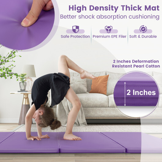4-Panel PU Leather Folding Exercise Mat with Carrying Handles-Purple - Color: Purple - Image 5