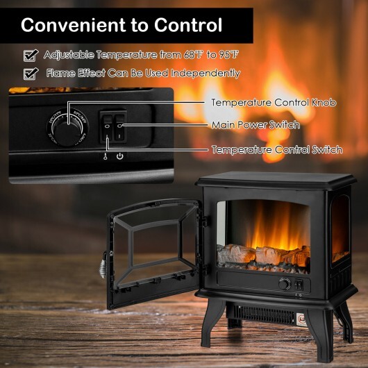 Freestanding Fireplace Heater with Realistic Dancing Flame Effect-Black - Color: Black - Size: 17 inches - Image 3