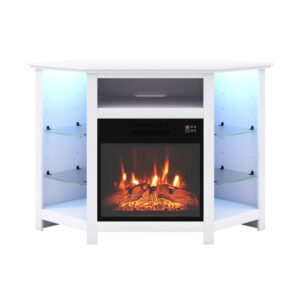 Fireplace Corner TV Stand with LED Lights and Smart APP Control for 50 Inches TV-White - Color: White