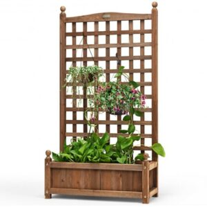 Solid Free Standing Wood Planter Box with Trellis for Garden - Color: Brown