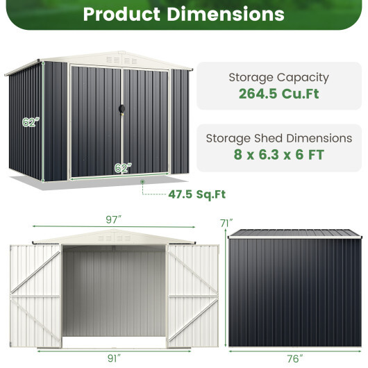 7.5 x 6.3 FT Metal Outdoor Storage Shed with Lockable Door-Gray - Color: Gray - Image 5
