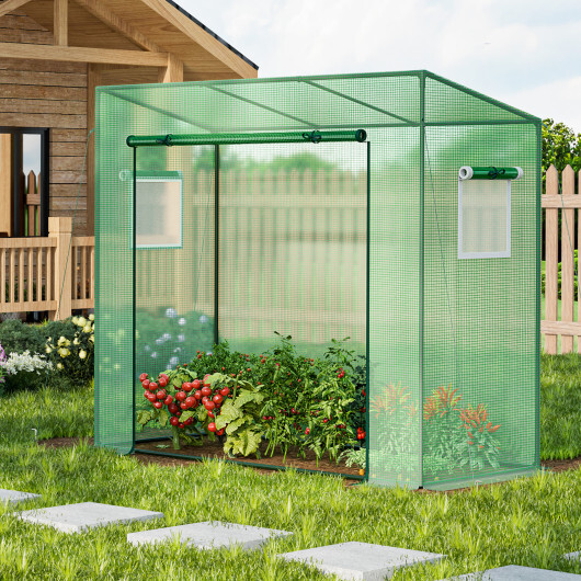 Outdoor Portable Walk-in Greenhouse with PE Cover Heavy-Duty Metal Frame Roll-up Zipper Door - Color: Green - Image 2