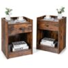 Set of 2 Nightstand with Drawer Cabinet End Side Table Raised Top-Brown - Color: Brown