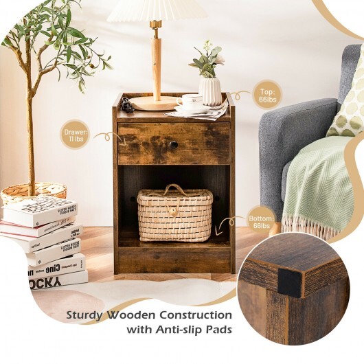 Set of 2 Nightstand with Drawer Cabinet End Side Table Raised Top-Brown - Color: Brown - Image 3