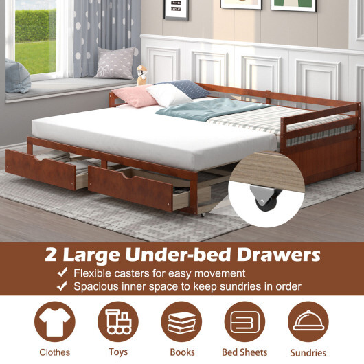 Extendable Twin to King Daybed with Trundle and 2 Storage Drawers - Color: Brown - Image 3