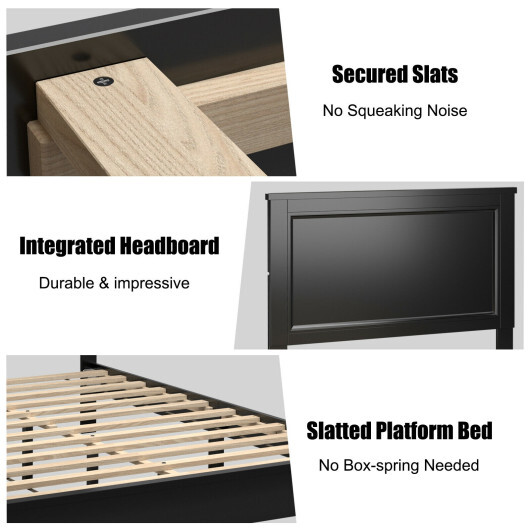 Queen Size Bed Frame Platform Slat High Headboard Bedroom with Rubber Wood Leg-Black - Color: Black - Size: Queen Size - Image 5
